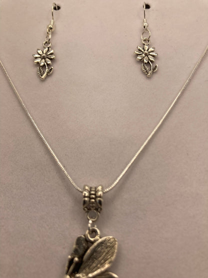 Bee Necklace and Flower Earring Set with Specialty Chain, Southwest, Religious and Country Jewelry