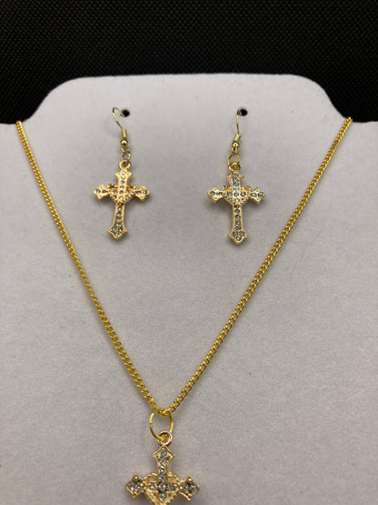 Gold Cross w Rhinestones Necklace and Earring Set with Specialty Chain, Southwest, Religious and Country Jewelry