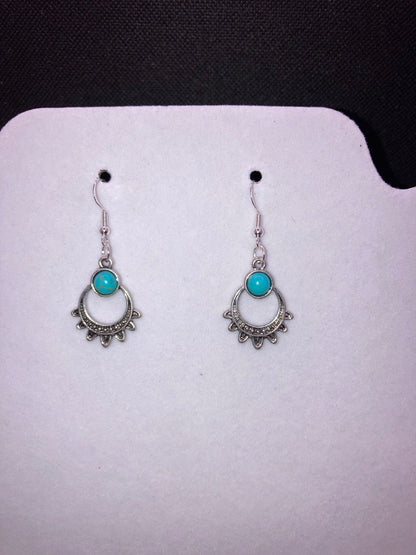 Western, Southwest, Country Style Silver Tear Drop Earrings w Round Turquoise Simulated Stone Trim