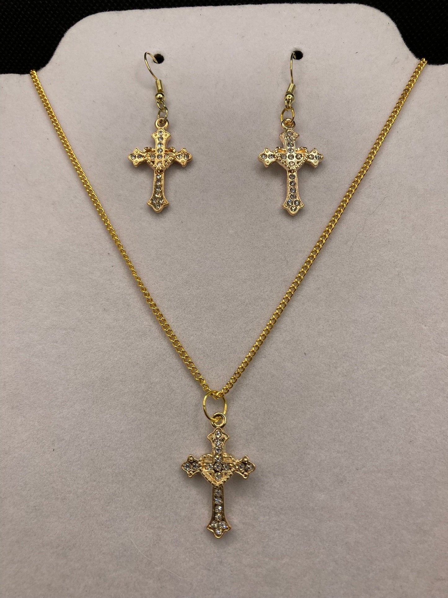 Gold Cross w Rhinestones Necklace and Earring Set with Specialty Chain, Southwest, Religious and Country Jewelry