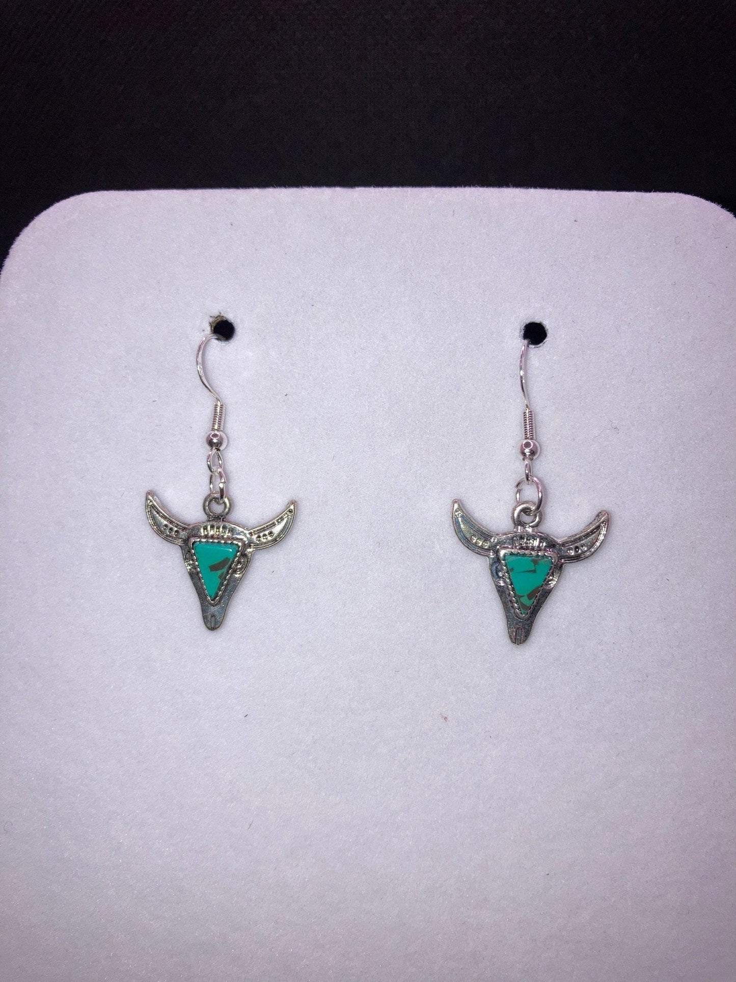 Western, Southwest, Country Style Silver Steer Earrings w Turquoise Simulated Stone Trim