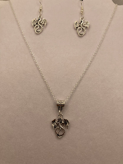 Silver Dragon Necklace and Earring Set with Specialty Chain. Jewelry for Fantasy, Serpent, and Reptilian lovers Set 7