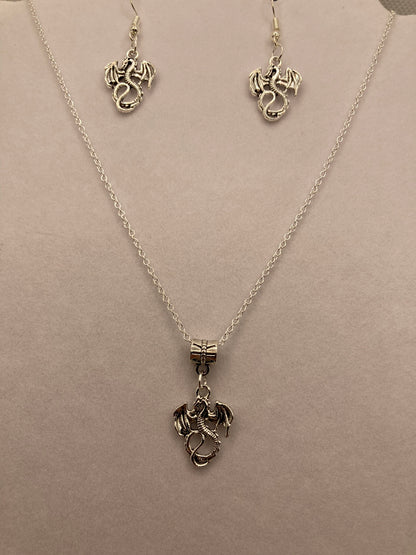 Silver Dragon Necklace and Earring Set with Specialty Chain. Jewelry for Fantasy, Serpent, and Reptilian lovers Set 7